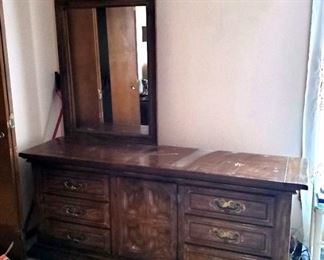 Solid Wood 9 Drawer Vanity With Offset Attached Mirror And Brass Hardware, 31in X 72in X 19in, Mirror 52.5in X 30.5in, Matches Lot 443