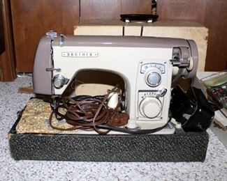 Vintage Brother Electric Sewing Machine With Foot Pedal, Cover, And Sewing Notions
