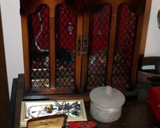 Two Door Jewelry Cabinet, Including Assorted Necklaces, Earrings, Cuff Bracelets, Trinket Boxes, And More