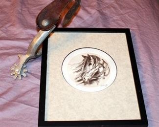 Framed Matted Under Glass Pen Horse Sketch, Signed By Artist, 10.75in X 8.75in, And Aluminum Spur