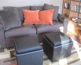 Room and Board Loveseat and Leather storage Ottomans with reversible Tray Top.