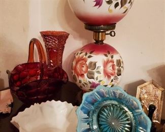 Antique and vintage lamps, bowls and vases, including FireKing white swirl dishes, depression glass, sandwich glass and Vaseline glass