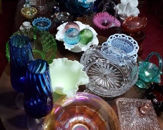Unbelievable selection of carnival glass, Fenton, artglass, Indiana Glass, Tiara, Milk Glass, Noritake, Wexford, Rivera, Vintage and Antique Glassware, dishes, cookie jars, Hull, Roseville, McCoy and several other marked and unmarked pottery pieces.