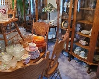 Johnson Brothers. Old English Castles dishes, Set of 8 oak chairs, lots and lots of beautiful glass and dishes!