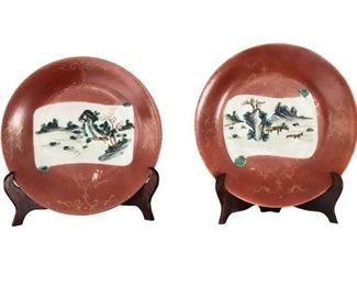Antique Porcelain Plates with Landscape Scenes, Pair