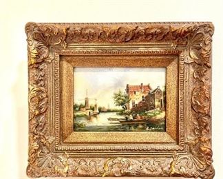 Many smaller oil paintings in ornate frames