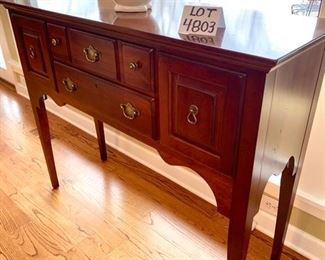 Lot 4803.  $495.00  Beautiful "Ducks Unlimited" sideboard by Kincaid.  This piece has 4 drawers, a distressed look finish and excellent craftsmanship.  Made in the USA	52" W x 17" D x 42" H