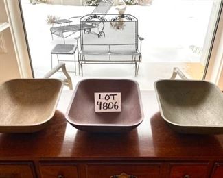 Lot 4806.  $30.00  3 rectangular, composite decorative bowls in green, rust and tan colors.  Great individually or displayed as a set on a table.	13" L x 10" W x 4" H	