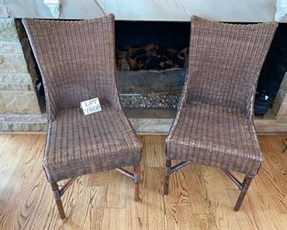 Lot 4808.  $150.00. Nice Pair of Vintage rattan side chairs, unbranded, in great condition very little wear but could use a stain touch up in a couple spots. 37" H x 17" W x 17" seat depth	