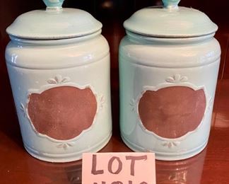 Lot 4812.  $80.00/pr  2 Home Essentials & Beyond Canisters (Large 17702) in a pretty shade of Robin's Egg Blue.   Rooster handle on lid with chalk painted label on the side of the canister.  With a piece of chalk you can label it for flour, sugar , cookies... the choice is yours!  Cute idea.	12" H x 5.5" diam.