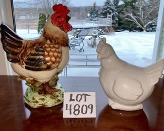 Lot 4809.  $35.00. Colorful ceramic rooster and ceramic Hen by Appropos.  So cute, great accent pieces.	Rooster: 13.5" H x 9" W; Hen; 9.5" H x 8" W	