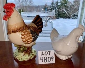 Lot 4809.  $35.00. Colorful ceramic rooster and ceramic Hen by Appropos.  So cute, great accent pieces.	Rooster: 13.5" H x 9" W; Hen; 9.5" H x 8" W	