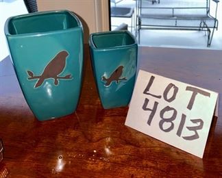Lot 4813. $28.00  Lavendar Fields wire Potpourri or candle holder, plus 2 charming vases (could be used as toothbrush holder and cup) in turquoise with blackbird decor.	vases: 5,5"  & 4" H	