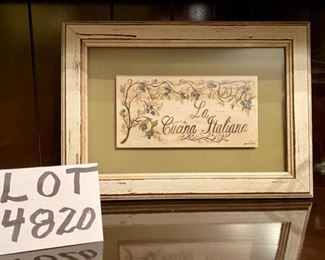 Lot 4820.  $18.00. Framed plaque "La Cucina Italiana" and 2 martini glasses.  8.5" H x 12" W	