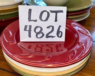 Lot 4826. $125.00  This is such a classy set of dinnerware!  Sorrento Debby Segura Designs for Signature Housewares Incorporated. Microwave and Dishwasher Safe Stoneware. Coordinating service for 4 includes:  4 Dinner Plates, 4 lunch plates (one has chip on underside), 4 cereal bowls, 4 pasta bowls, 4 mugs, salt & pepper shakers, creamer & sugar, and oil pourer. Also includes an oval serving platter and a serving bowl.  		