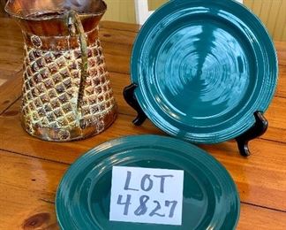 Lot 4827 $24.00. 4 green dinner plates (love the color) and a metal pitcher made to look aged.  Use these plates to coordinate with your present dinnerware for an inexpensive change-up to your everyday dishes!		