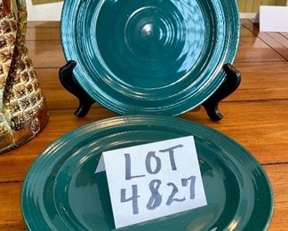Lot 4827 $24.00. 4 green dinner plates (love the color) and a metal pitcher made to look aged.  Use these plates to coordinate with your present dinnerware for an inexpensive change-up to your everyday dishes!		