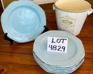 
Lot 4829. $30.00. Set of 6 Octennial Collection Plates in baby blue, cool vintage look and a Popcorn Bowl	8"H x 9" diameter and 10.5" diameter  plates	