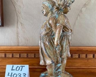 Lot 4833.  $22.00.  Cute Figurine 14" tall, featuring two girls back to back, man-made materials - perfect for home with two sisters, grandparents.  Brown with turquoise, light weight, 5.5" at its widest.  		