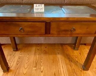 Lot 4835.   $225.00 "Santa Fe" by Mission Furniture Sofa Table in Dark Chocolate Finish with Stone like inserts, 2 drawers for storage, dove-tailed construction 49" L x 32" W x 21" D		