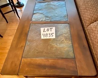 Lot 4835.   $225.00 "Santa Fe" by Mission Furniture Sofa Table in Dark Chocolate Finish with Stone like inserts, 2 drawers for storage, dove-tailed construction 49" L x 32" W x 21" D		
