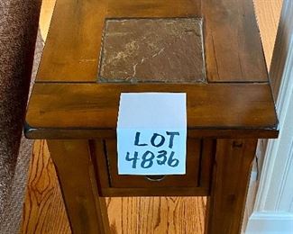 Lot 4836. $135.00  "Santa Fe" by Mission Furniture  Side Table with tile insert (or slate?) and one drawer for storage. Measures 25" deep x 15" wide x 26" tall. Dove tailed drawers and nicely crafted." 