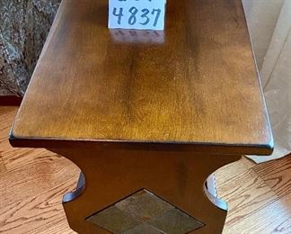 Lot 4837 $125.00. "Santa Fe" by Mission Furniture Side Table/Magazine Rack with tile or slate inserts, 25"deep x 14.5" wide x 23.5" tall.
