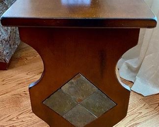 Lot 4837  $125.00. "Santa Fe" by Mission Furniture Side Table/Magazine Rack with tile or slate inserts, 25"deep x 14.5" wide x 23.5" tall.