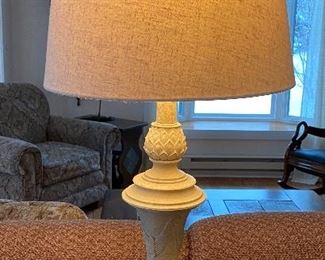 Lot 4839. $65.00. Stone Look Lamp with Linen Shade, Unbranded, 29" tall and 15" diameter shade. Cool.  