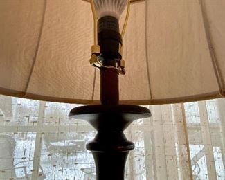 Lot 4840. $120.00. Black floor lamp, great weight with silk off-white 60" tall x 8" base.  Note* Christmas Tree NFS.