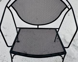 Lot 4847  $225.00. Meadowcraft Outdoor Patio Wrought Iron Bistro Table and Two Dining chairs.  Table has umbrella hole cut, (but no umbrella is included in this lot),  table measures 28" diameter, 27" high , chairs are 16.5", x 19" wide x 16.5"high and 31" high in back. This whole Meadowcraft line is very well crafted wrought iron.  