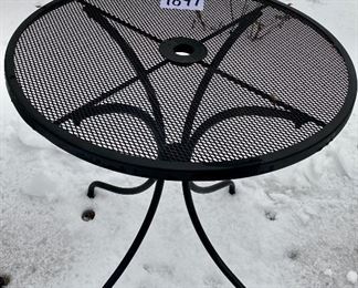  Lot 4847  $225.00. Meadowcraft Outdoor Patio Wrought Iron Bistro Table and Two Dining chairs.  Table has umbrella hole cut, (but no umbrella is included in this lot),  table measures 28" diameter, 27" high , chairs are 16.5", x 19" wide x 16.5"high and 31" high in back. This whole Meadowcraft line is very well crafted wrought iron.  