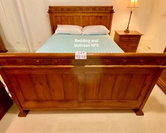 Lot 4848. $2,395.00. Awesome 5 pc. Drexel Heritage Queen Bedroom set, includes Bed Headboard, Footboard and Frame (no mattress box spring or bedding), Dresser (six drawers and 3 drawers behind dooor ), Side Table/Night Stand with cabinet and one drawer, Side Chest with three drawers and a Wardrobe (44.5"w x 87" t x 45"w), Side table 17"deep x 23" wide x 28"tall.  Bed: 67" wide, 88"long, 50" tall, Side chest 17" deep x 24"w x 26"t, dresser 67" wide, 20" deep, 35"tall.  Excellent Condition. Note** Spot underneath Number Card is a camera issue not the Footboard.