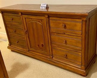 Lot 4848. $2,395.00. Awesome 5 pc. Drexel Heritage Queen Bedroom set, includes Bed Headboard, Footboard and Frame (no mattress box spring or bedding), **Dresser (six drawers and 3 drawers behind door ), Side Table/Night Stand with cabinet and one drawer,  Side Chest with three drawers and a **Wardrobe (44.5"w x 87" t x 45"w), Side table 17"deep x 23" wide x 28"tall.  Bed: 67" wide, 88"long, 50" tall, Side chest 17" deep x 24"w x 26"t, Dresser 67" wide, 20" deep, 35"tall.  Excellent Condition. 