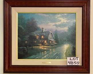 Lot 4850. $295.00. "Moonlight Lane I" Ltd. Edition (#522/2400), 1994,  Offset Lithograph on canvas of an original oil painting, with COA hand signed and numbered by Thomas Kinkade, 16x20" image, w/frame: 25" x 29" 