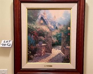 Lot 4852. $295.00 Thomas Kinkade Signed & Numbered Ltd Ed. Hidden Cottage II" litho on Canvas #698/1480, measures 20"x16" image, and 25"x29" with frame. Second Printing in the Hidden Cottage Series, 1993. COA included.  	
