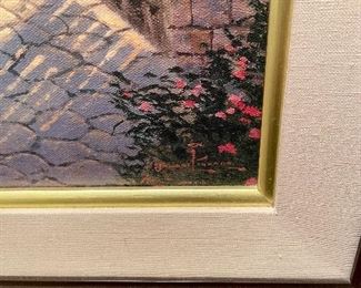 Lot 4852. $295.00 Thomas Kinkade Signed & Numbered Ltd Ed. Hidden Cottage II" litho on Canvas #698/1480, measures 20"x16" image, and 25"x29" with frame. Second Printing in the Hidden Cottage Series, 1993. COA included.  	