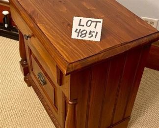 Lot 4851. $895.00.  "Thomas Kinkade" Series by Kincaid Furniture Bedroom Set includes: Headboard, Footboard and Frame (HB: 65"Lx57"H, FB: 65"L x 31"H, Rails 78"L), Dresser/Tall Boy Chest, with 6 drawers:  (40"w x 52"H x 20"D), and Side Table with 2 drawers: (16.5"d x 28"w x 28"t) The set is in Excellent Condition.  