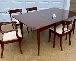 Lot 4856. $675.00  Gorgeous Morganton Drop Leaf Dining Table with three side chairs and one captain chair.  The drop leaf table has legs that swing out to support the drop leaf, very good condition. Needs only minor attention.   (Table: 73"L extended, 26" W  folded x 46" L) The cushions of the chairs may need to be re-upholstered. (Chairs: 33" H back, seat 18"W x 16" D.  Coordinating hutch and sideboard are available as well.	