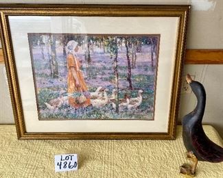 Lot 4860. $45.00  Quack Quack! 1 framed print from New Century Pictures featuring a lady and ducks (33.5" W  x 27.5" H) and one composite duck in black and red (17" H). 