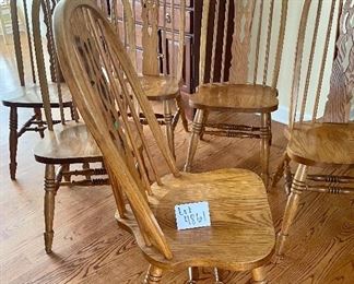 Lot 4861. $240.00  Set of 4 Amish-Made Oak Dining Chairs, superbly crafted.  There is no comparison! 	41" to the back, seat is 18"wide x 15"deep x 17.25" tall from floor. Solid Construction and we have a Matching Oak Pedestal Table as well. (2 were Sold)