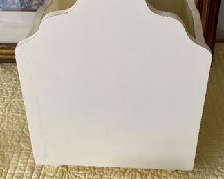 Lot 4864  $45.00  2 pc. lot includes:  planter or storage on a stand and a magazine or book storage with handle. creamy white	Planter: 25" H x 13" W x 14.5" D.
Magazine rack: 13" H x 10" W x 10" D