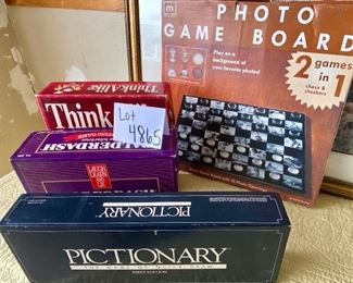 Lot 4865  $36.00   GAME TIME!  A lot of 4 nice games: Pictionary (first edition), Balderdash, Think Alike, and a Photo Game Board for chess or checkers (original price $40.00 from Macy's).