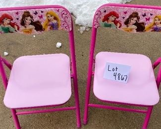 Lot 4867  $36.00  Disney Princess (Belle, Ariel, and Rapunzel) Game Table and Two Chairs.  By Kids Only Inc.  24"square table.  This is a sturdy table with metal folding legs.  Folds up for easy storage.  This set is in Great Shape.