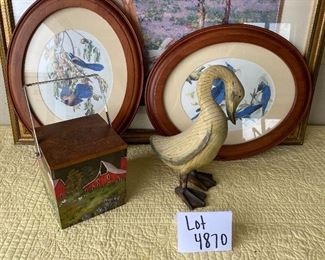 Lot 4870   $42.00. Adorable Decor Lot, includes:  Hand-painted storage box with tilting handle and wood top and a different image on each side, plus a cute duck and two wooden oval frames, with blue birds (the prints aren't high quality, so these frames are ready for whatever you want to place in them! ) 
