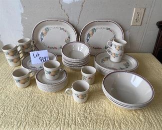 Lot 4882  $125.00  Corelle by Corning ware, 2 platters, 4 serving bowls, 12 dinner plates, 10 mugs, 9 lunch plates, 12 bowls, 12 saucers. Total of 62 pieces, in excellent condition.  Tired of lifting all that stoneware?  This is nice and light and very comprehensive!
