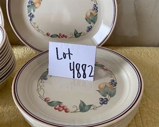 Lot 4882  $125.00  Corelle by Corning ware, 2 platters, 4 serving bowls, 12 dinner plates, 10 mugs, 9 lunch plates, 12 bowls, 12 saucers. Total of 62 pieces, in excellent condition with a very pretty pattern.  Tired of lifting all that stoneware?  This is nice and light and very comprehensive!