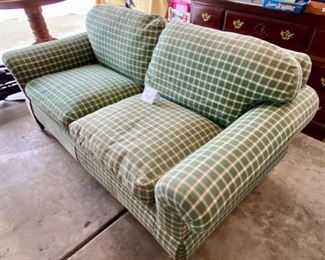 Lot 4874. $120.00  Vintage Green Plaid Love Seat by Thomasville. 70" long X 36"deep, 29" H.  Comfy and very Clean.  Perfect for a rec room, cabin, apartment, kids bedroom for gaming or reading, or place where you might love a super comfy 2-cushion sofa or loveseat.  