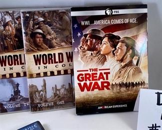 Lot DVD #4. $48.00  World War Docs (17 discs): World War I In Color Narrated by Kenneth Branagh (Volumes 1, 2, 3); PBS American Experience, The Great War- WWI America Comes of Age (3 discs); WWII Documentary Series Victory at Sea- sealed- (26 episodes and extras, 3 discs); The World at War Blu-Ray Narrated by Laurence Olivier (9 Blu-Ray disc set). $200 value