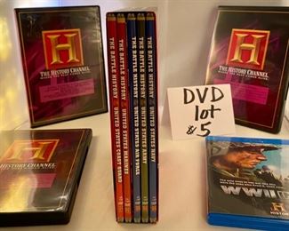 Lot DVD #5. $60.00 History Channel World War Docs: WWII In HD Blu-Ray (1 disc, still sealed); Battle Stations Corsair: Pacific Warrior; Battle Stations: P-51 Mustang!; The Real Flying Tigers; The Battle History of the United States Military (5 discs) Navy, Army, Marines, Air Force, Coast Guard. $300 value